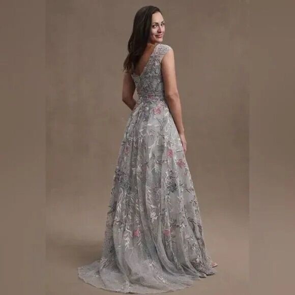 Mac Duggal 20263 Womens Size 14 Silver Pink Floral Embroidery Gown Maxi Dress - Picture 4 of 11